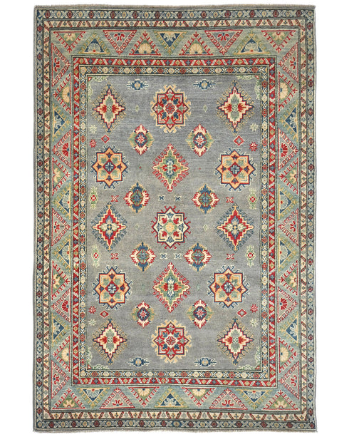 4x6 Gray Kuba Afghan Hand Knotted Wool Area Rug